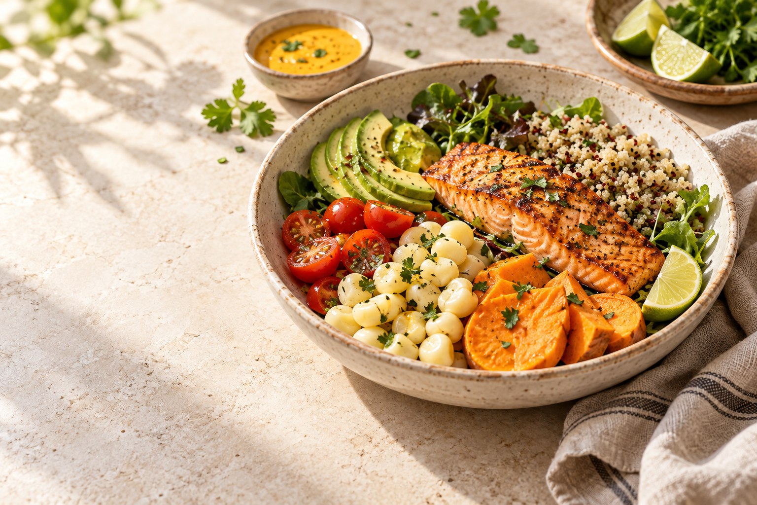 Comida equilibrada con ingredientes frescos y variados